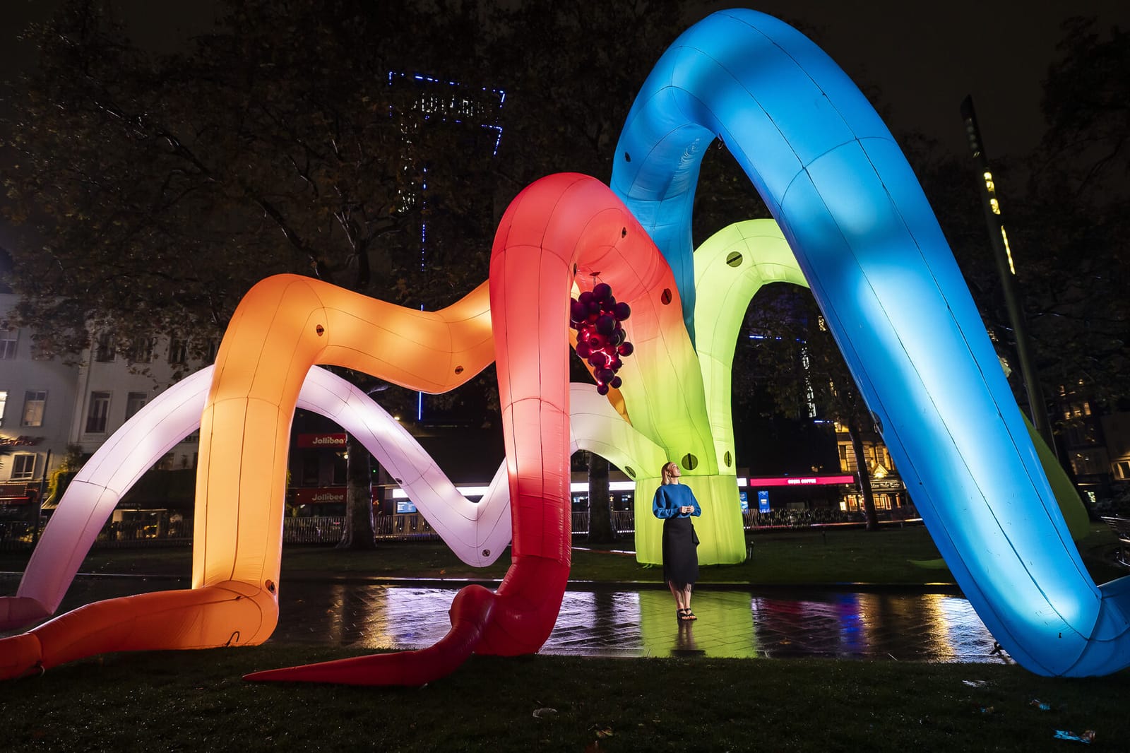 Claire Luxton's The Cornucopia, a 7-metre inflatable LED sculpture in Leicester Square Gardens for Art of London's Art After Dark programme